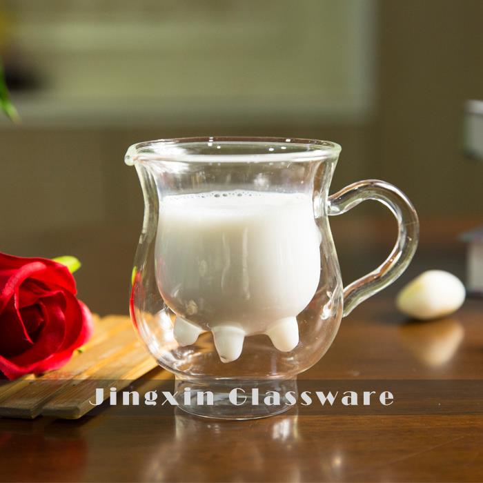 Taza de leche de vidrio transparente de doble pared Pyrex con asa